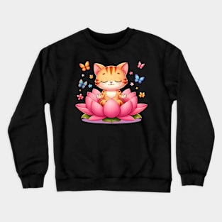 Zen Cat Meditating on Lotus Flower with Butterflies Crewneck Sweatshirt